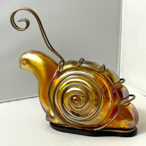 Vintage Heavy Amber Carnival Glass Snail Caged in‎ Copper Wire - Picture 1 of 7
